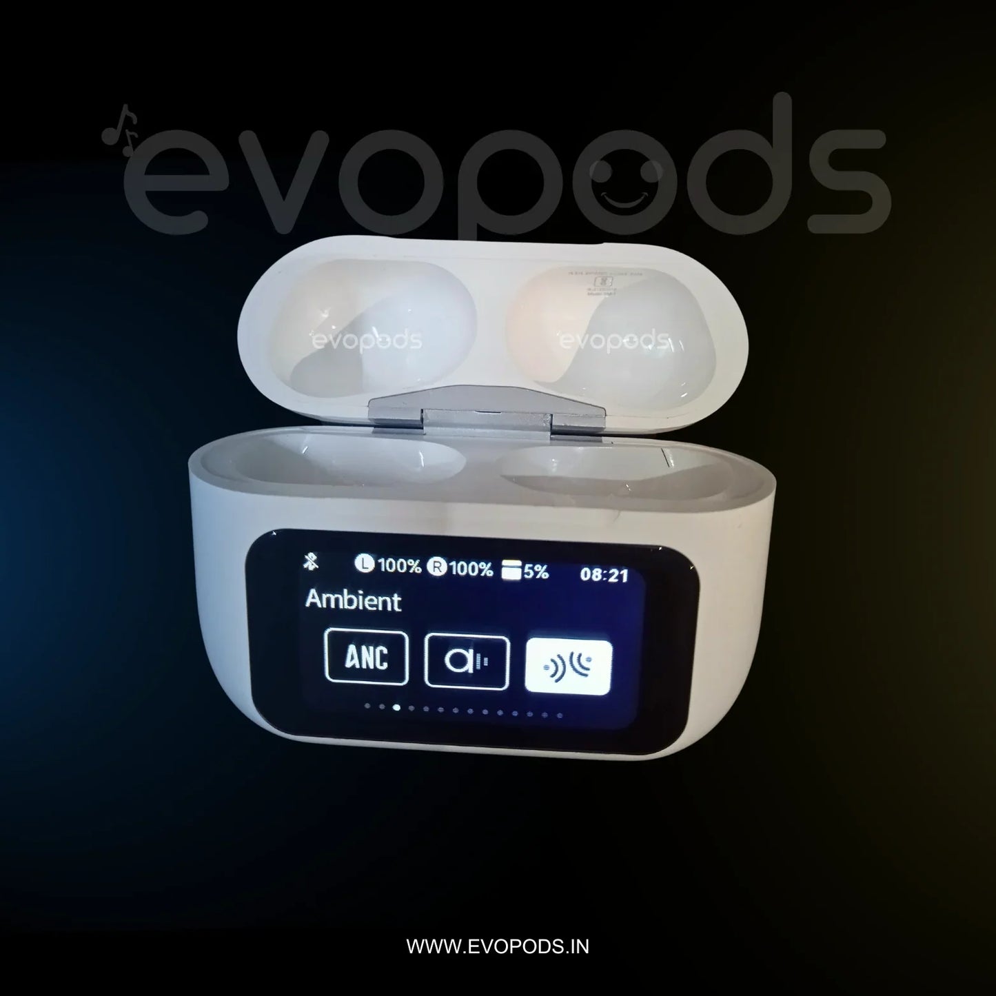 Evopods Display Screen 2 Premium Wireless Earbuds + 100% ANC with 1.41" Full HD Touch Screen + GPS Tracking (Find my evopods ) + 13mm High Deep Bass Drivers